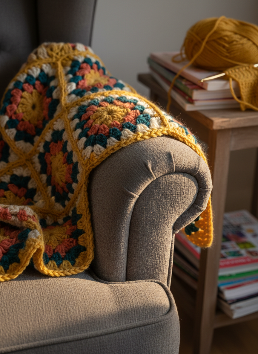 A close-up of a richly textured crochet granny square blanket in vibrant mustard, teal, coral, and cream, draped over the arm of a soft gray armchair. Individual stitches are sharply detailed, with slight fuzz from the yarn fibers catching the warm golden hour light streaming through an unseen window to the right. A small side table in the background holds a stack of pattern books and a ball of yarn with a hook tucked into it, softly blurred. The composition is eye-level and slightly angled to emphasize depth and coziness, with photographic realism and a playful, homey atmosphere perfect for a DIY-focused fiber crafts site.