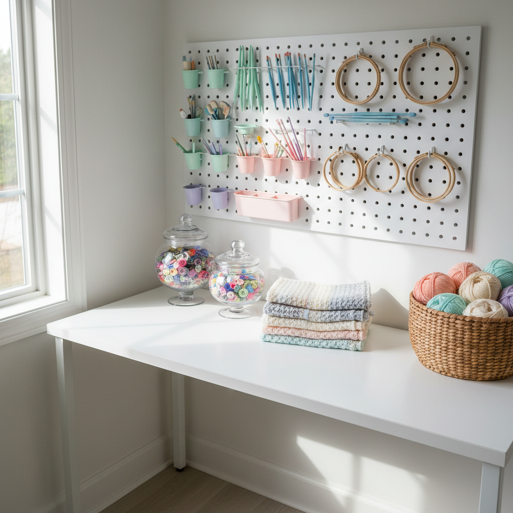 A tidy, inviting corner craft setup featuring a small pegboard on a white wall holding neatly hung knitting needles, crochet hooks, and embroidery hoops, all in various pastel shades. Below, a white desk hosts glass jars filled with colorful buttons, a stack of neatly folded handknit washcloths in textured patterns, and a woven basket brimming with yarn cakes. Natural daylight pours in from the left, giving the scene a bright yet soft glow, with gentle shadows adding depth. Captured from a slightly elevated, wide-angle perspective to show the entire nook, the composition feels organized yet playful. Photographic realism with a clean, modern aesthetic ideal for a DIY enthusiast’s inspiration section.