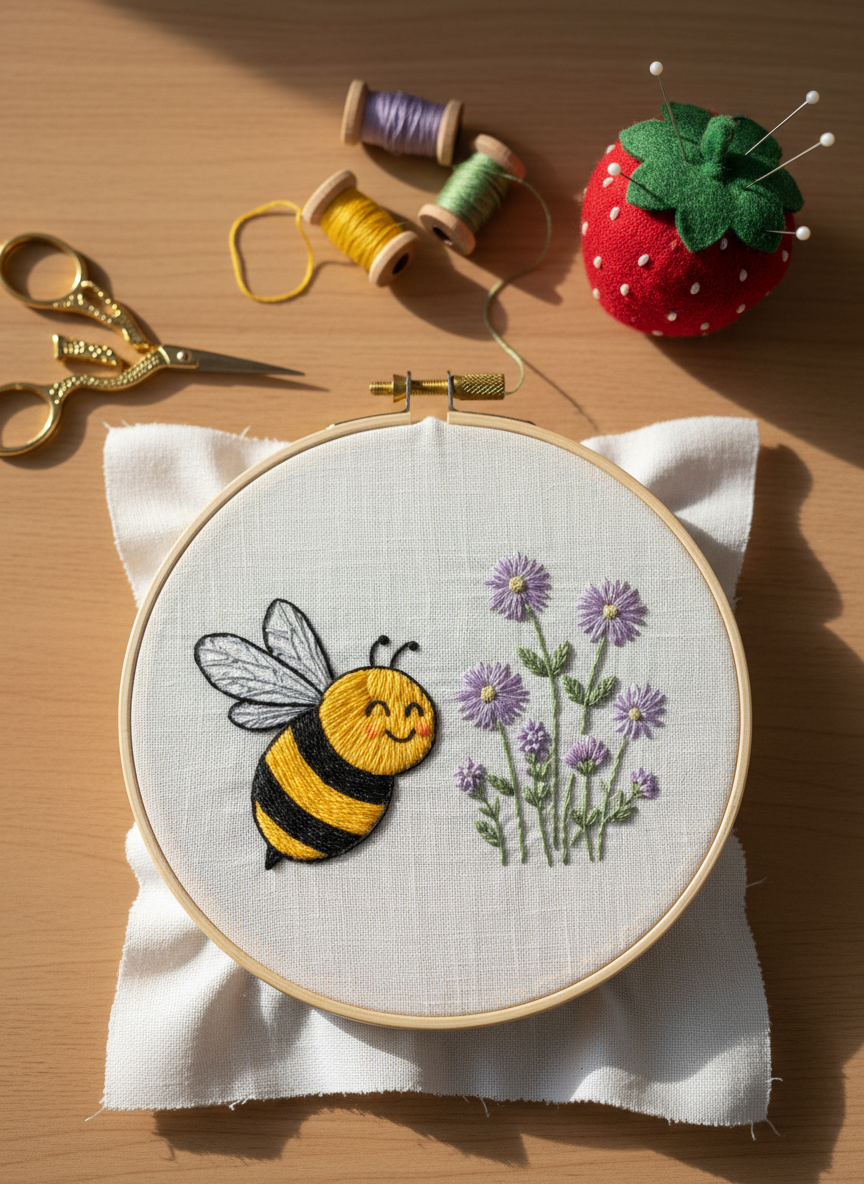 A whimsical overhead scene of an embroidery hoop featuring a playful honeybee and wildflower design stitched in bright floss colors—sunny yellows, soft lavenders, and leafy greens—on crisp white linen. Around the hoop, scattered thread bobbins, tiny golden scissors shaped like a stork, and a pincushion shaped like a strawberry rest on a honey-colored wooden desk. Diffused afternoon light from an off-frame window creates even illumination with subtle, soft shadows. The composition uses the rule of thirds, placing the hoop slightly off-center for dynamic balance, with a shallow depth of field that keeps the stitching ultra-sharp. Photographic realism with a cheerful, crafty atmosphere that embodies the HoneyStitch brand’s playful personality.