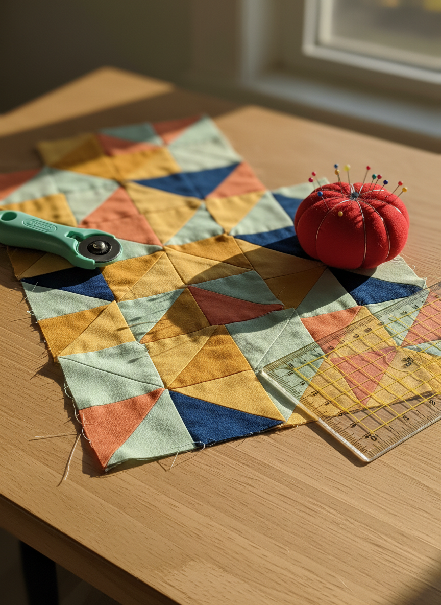A close-up of a patchwork quilting project in progress, spread across a light oak tabletop. Triangles and hexagons of cotton fabric in honey tones, soft mint, coral, and navy are carefully arranged into a modern geometric pattern, with some pieces already machine-stitched, their seams crisp and precise. A small, mint-green rotary cutter, a transparent quilting ruler with yellow grid lines, and a pin cushion shaped like a tiny tomato with colorful pins surround the work. Warm golden hour light from a nearby window grazes the fabric, accentuating the weave and casting long, gentle shadows. Photographic realism, shot from a slightly elevated, diagonal angle with moderate depth of field, keeping the central patchwork sharp while edges gently blur. The mood is focused yet playful, capturing the satisfying moment before everything is sewn together.