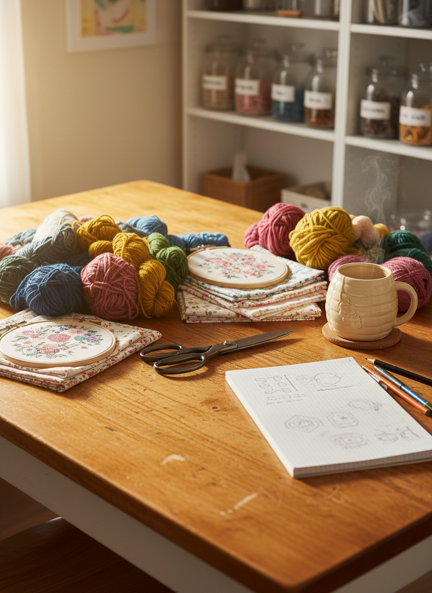 A cozy crafting workspace filled with neatly arranged supplies, featuring a large honey-colored wooden table scattered with colorful yarn skeins, cotton quilting squares, embroidery hoops, and a well-used metal pair of fabric scissors. A ceramic beehive-shaped mug of tea sits on a cork coaster beside an open dotted notebook with sketched project ideas. Soft morning light streams in from an unseen window to the left, creating gentle highlights on the threads and a warm glow on the tabletop. The background shelves, softly blurred, display labeled glass jars of buttons and beads. Photographic realism, shot at a slightly elevated angle with shallow depth of field, playful yet organized atmosphere, vibrant and inviting home-studio aesthetic.